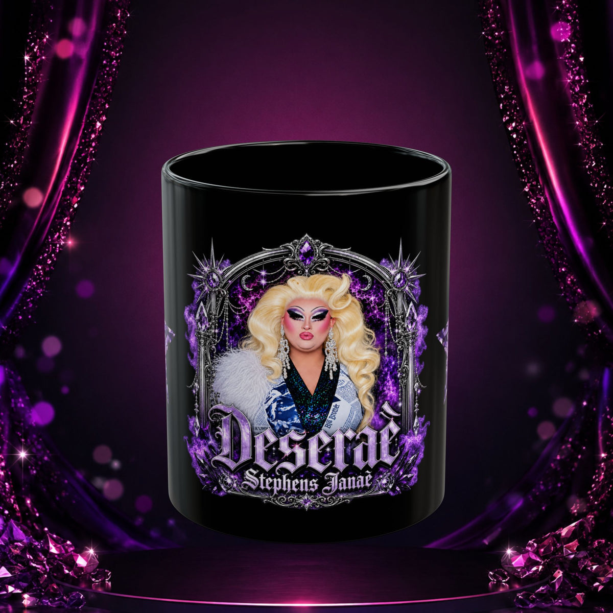 Black Deseraè Stephens Janaè Purple Reign Glamour Mug with purple jeweled drag portrait artwork on a sparkling purple stage backdrop