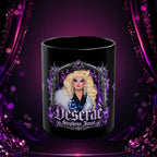 Black Deseraè Stephens Janaè Purple Reign Glamour Mug with purple jeweled drag portrait artwork on a sparkling purple stage backdrop