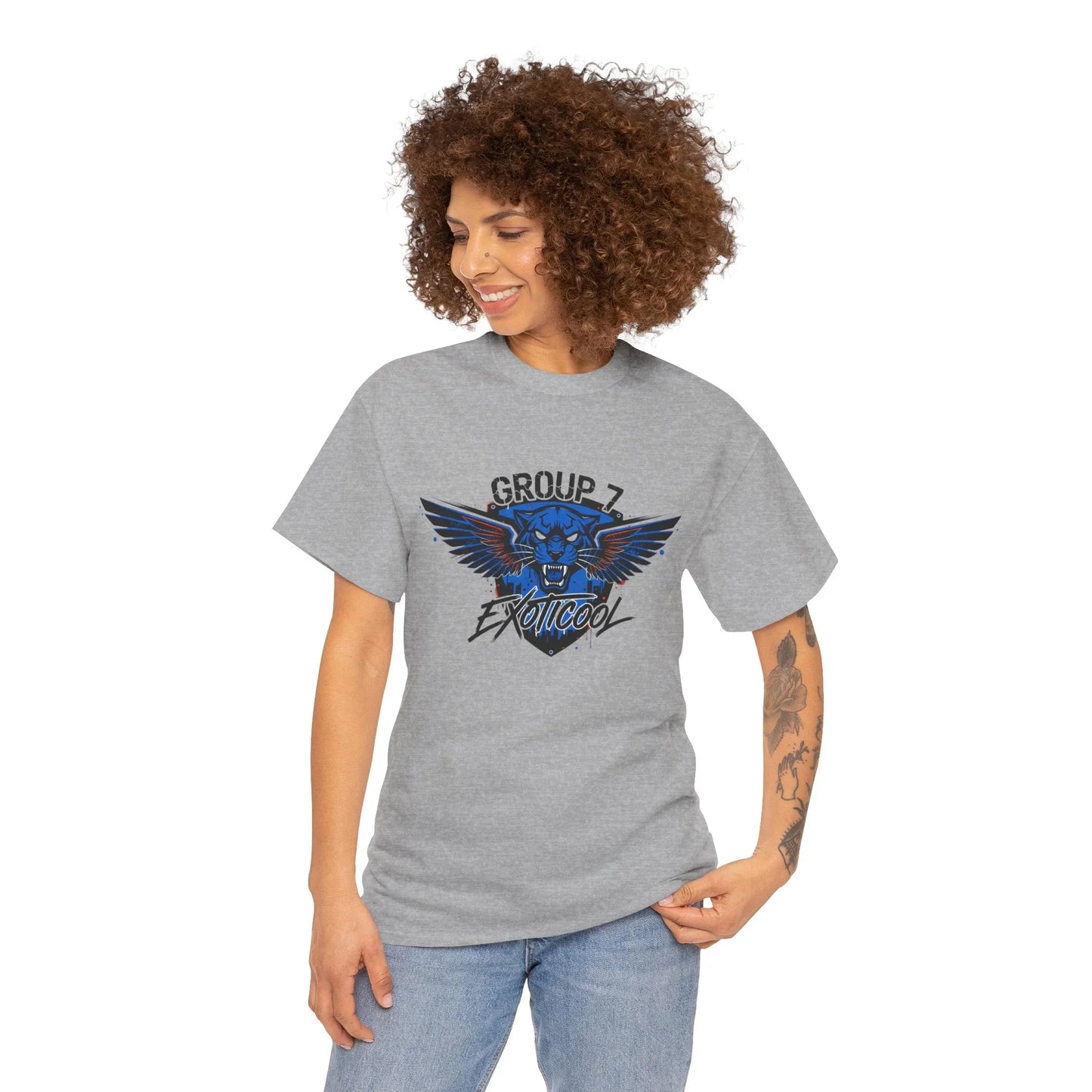 Woman in gray graphic tee with blue panther logo and 'Group 7 Exoticoool' text