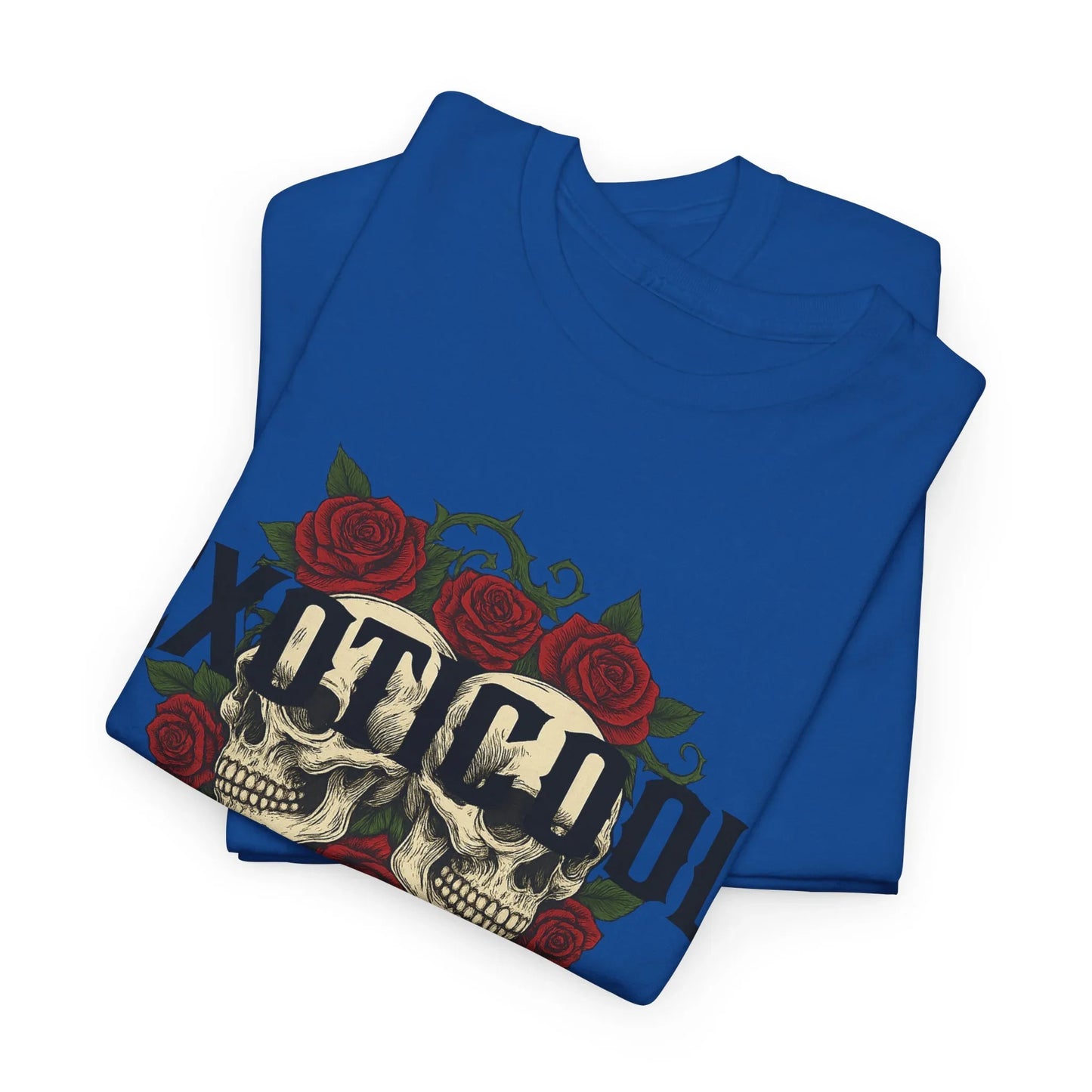Blue graphic t-shirt with skulls, red roses, and gothic text design