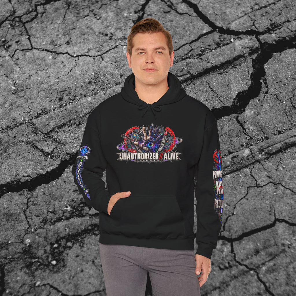 Model wearing The Future Does Not Need Permission black cyberpunk graphic hoodie from the front