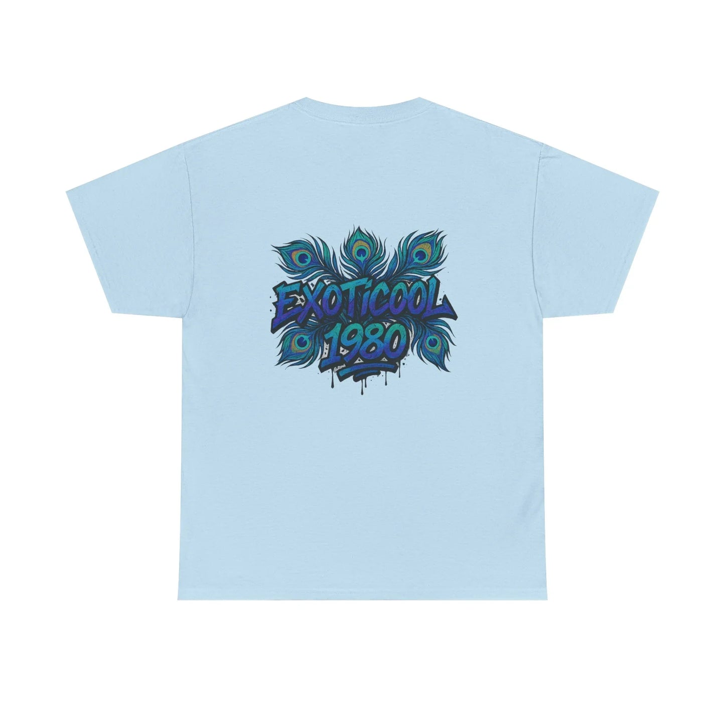Light blue t-shirt with EXOTICOOL 1980 graffiti and peacock feather design on back