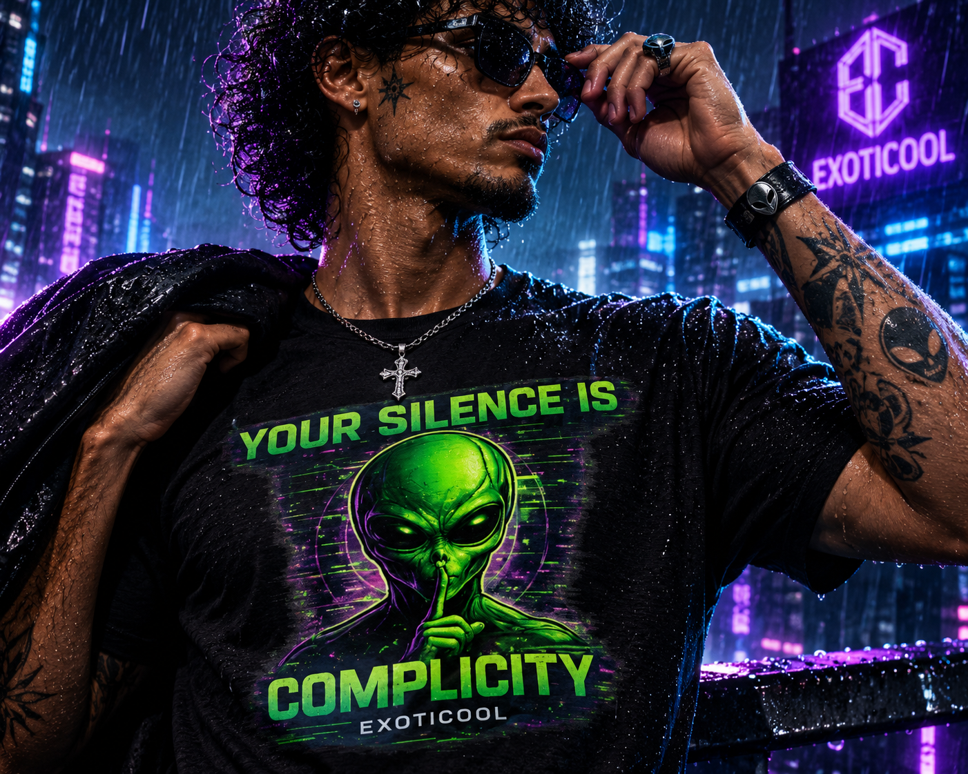 Close-up editorial fashion photo of the Exoticool Your Silence Is Complicity black graphic T-shirt featuring detailed alien artwork, premium cotton fabric, rain droplets, and a cinematic cyberpunk backdrop.