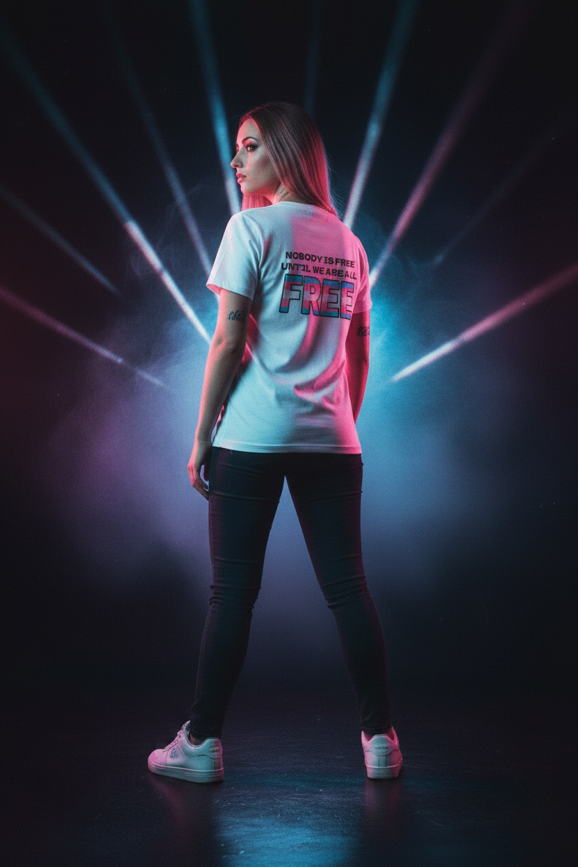 Back of Transphobes Are Trash tee reading Nobody Is Free Until We Are All Free — trans pride graphic tee by Exoticool