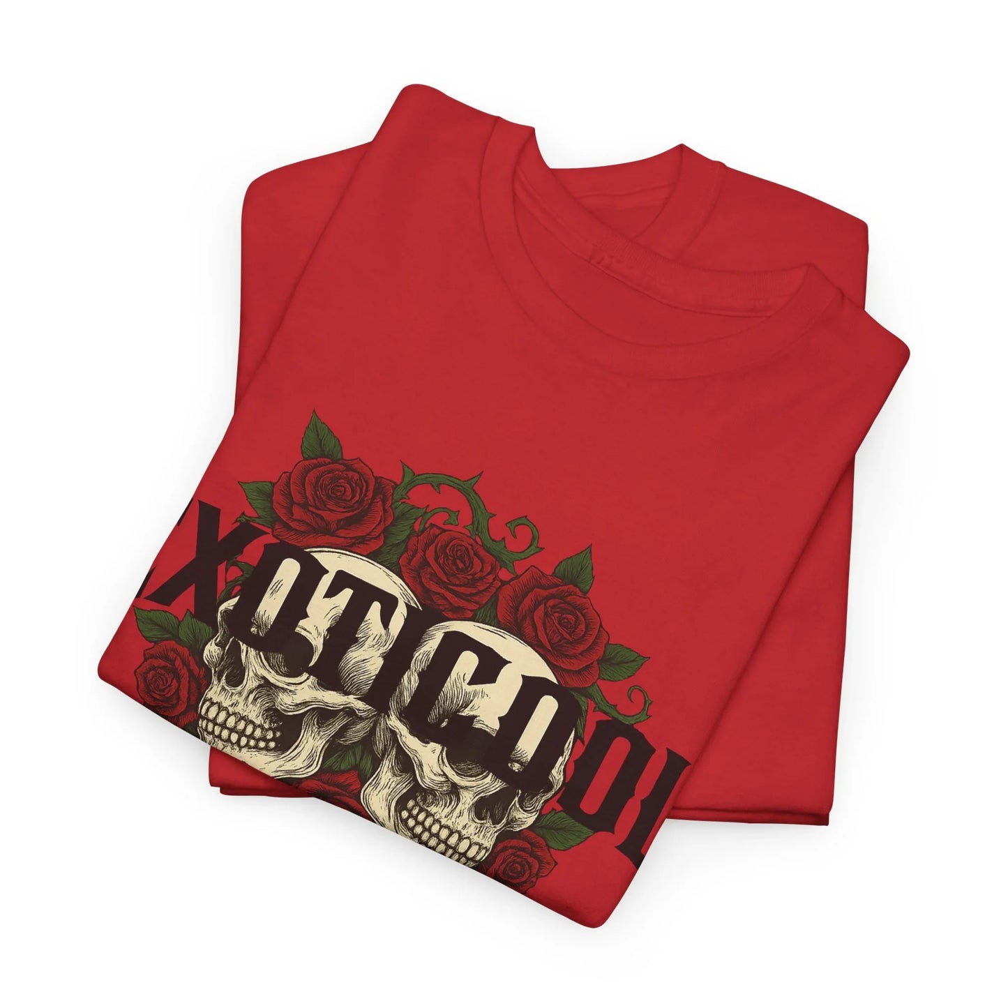 Red graphic t-shirt with skulls, roses, and bold gothic Not Cool text design