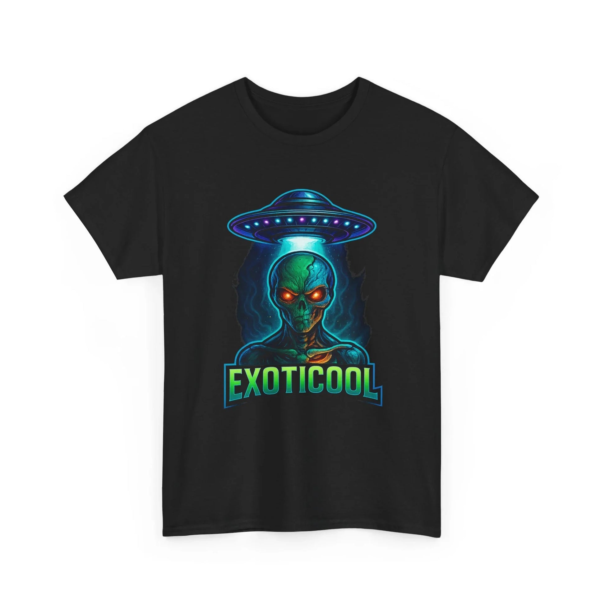 Black t-shirt with neon green alien, UFO, and EXOTICOOL text graphic design