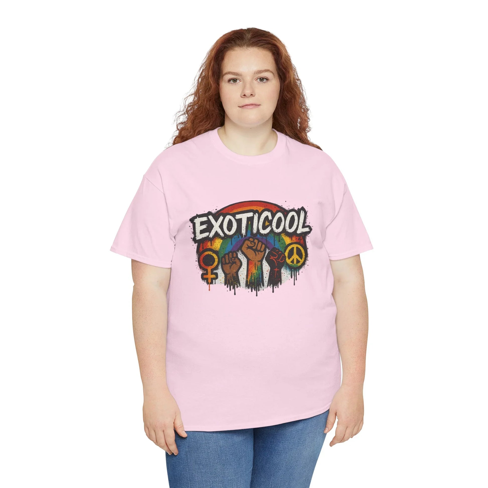 Woman in pink EXOTICOOL t-shirt with rainbow and empowerment symbols, casual fashion style