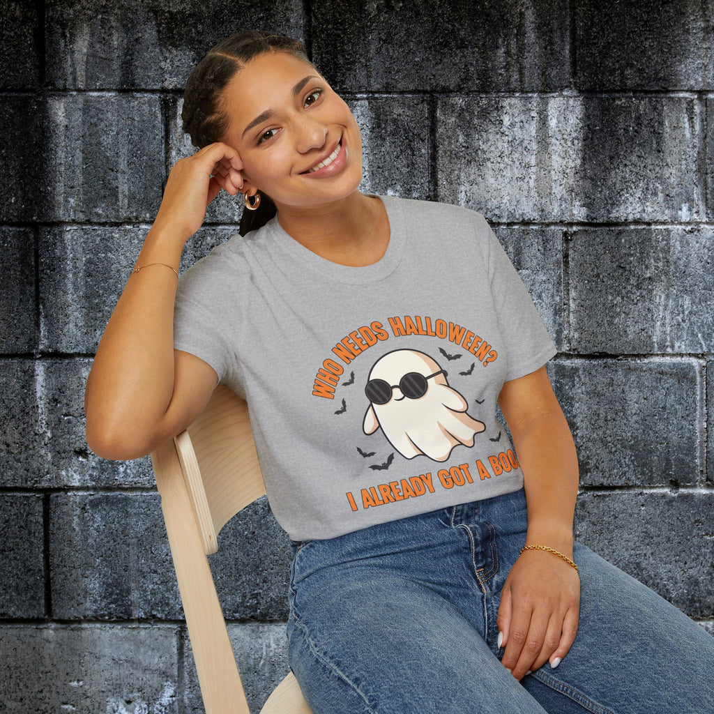 Model wearing the Who Needs Halloween? I Already Got a Boo ghost graphic tee in sport gray