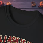 Close-up of neckline and front artwork on the All I Ask Is You Creep It Real Halloween tee in black