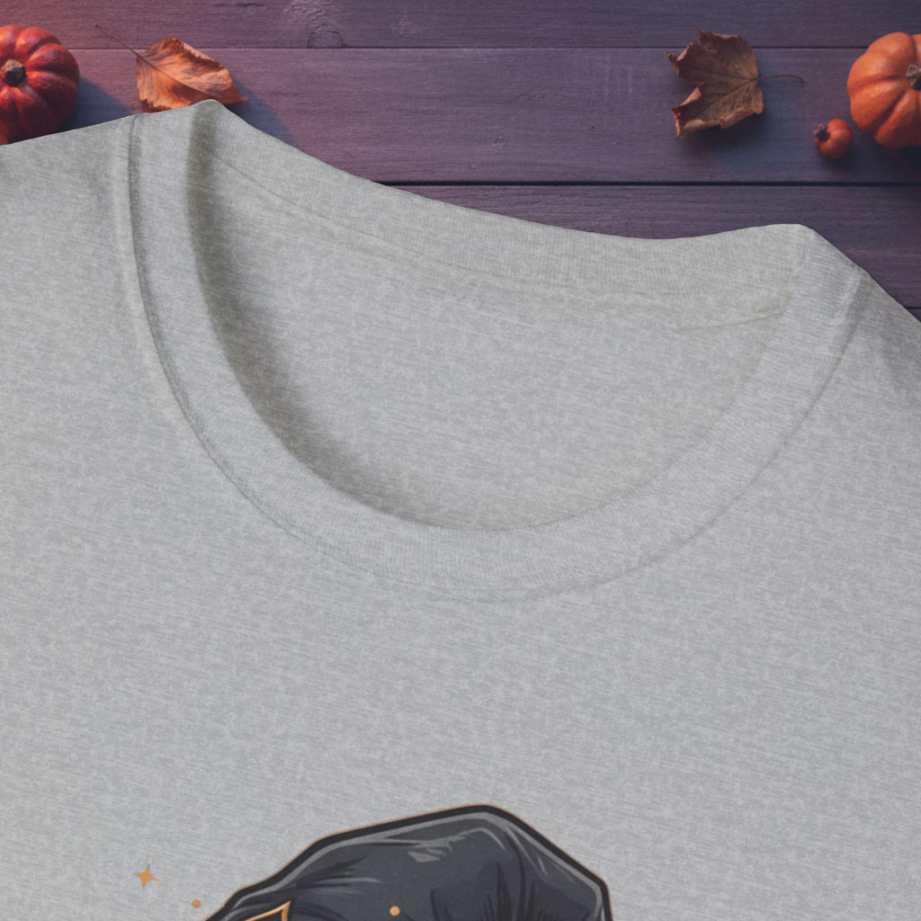 Close-up of neckline and witch artwork on the Resting Witch Face tee in sport gray
