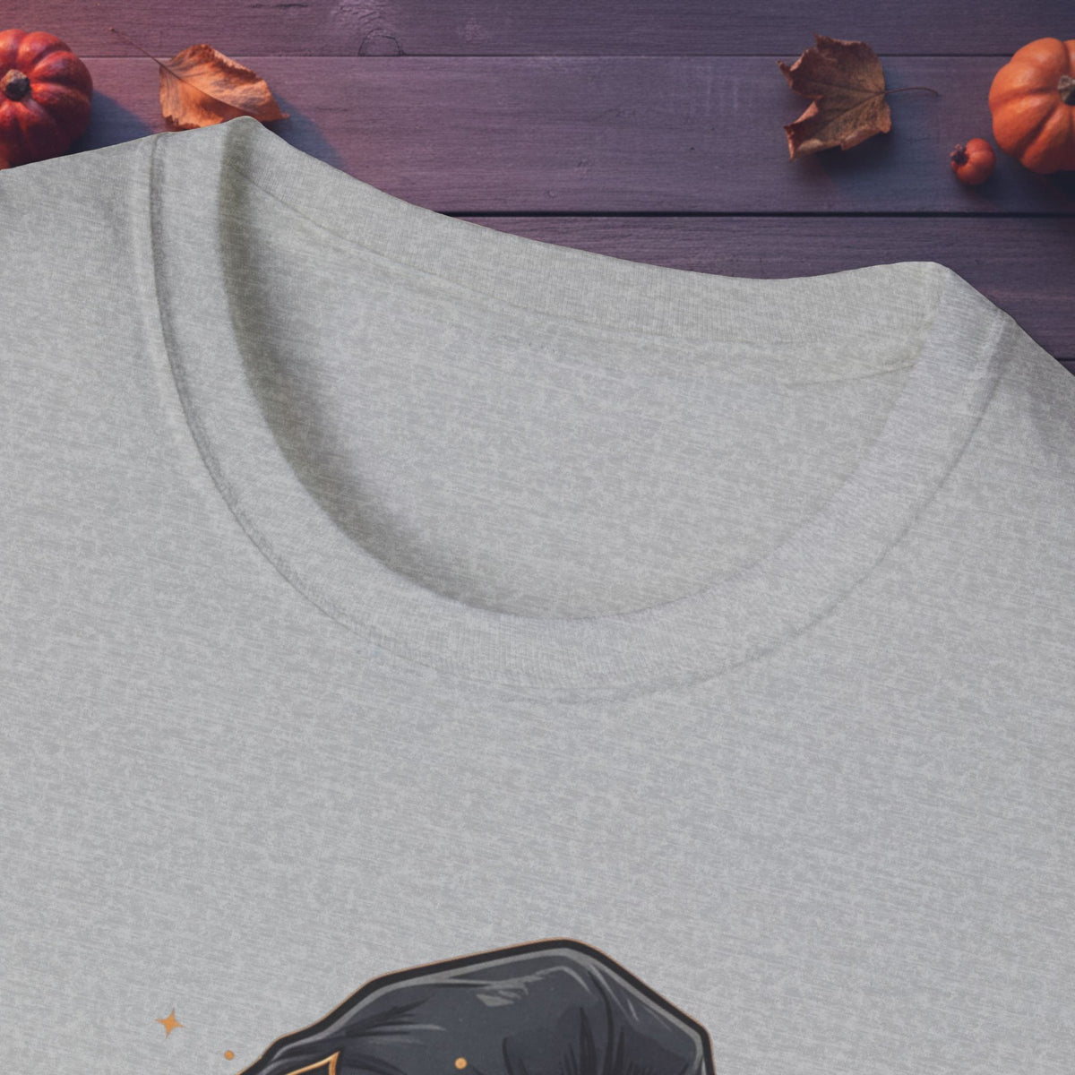 Close-up of neckline and witch artwork on the Resting Witch Face tee in sport gray