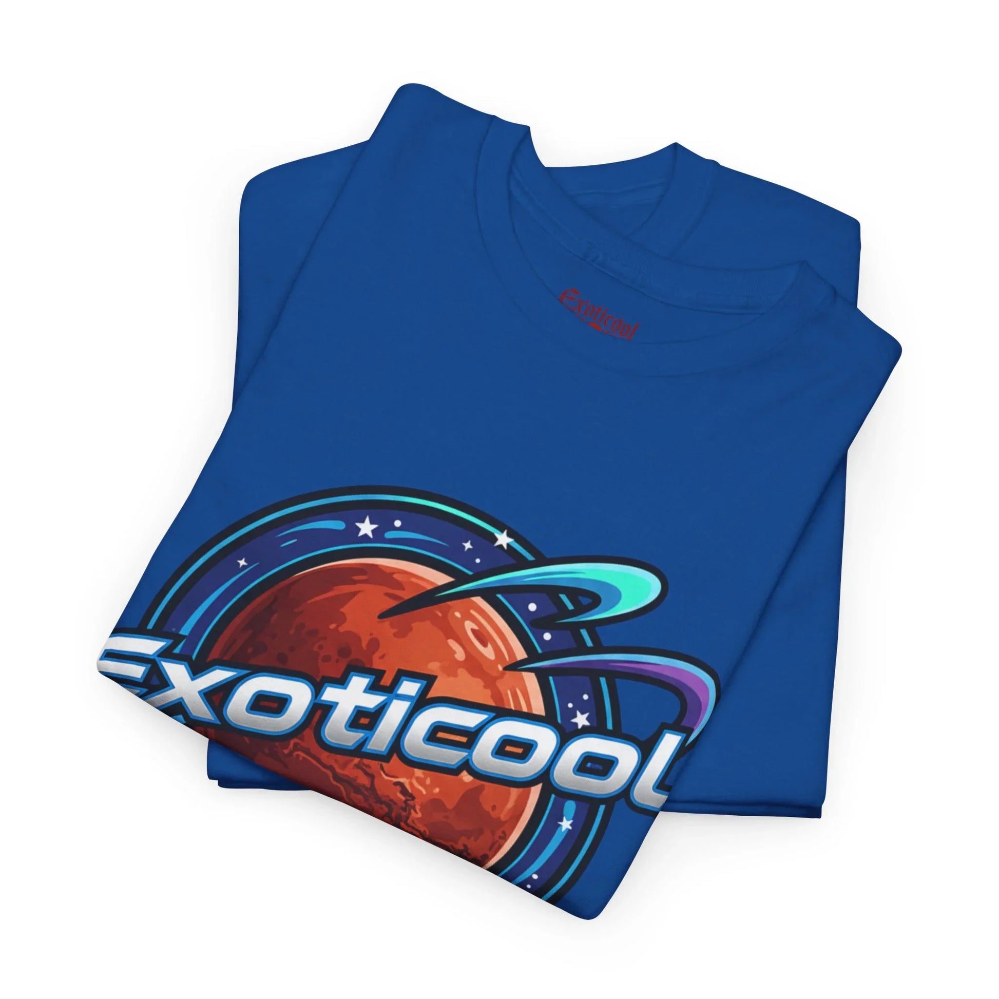 Folded blue Exoticool t-shirt with space planet graphic and bold logo text