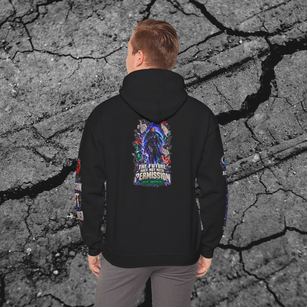 Model wearing The Future Does Not Need Permission cyberpunk hoodie showing the large back graphic