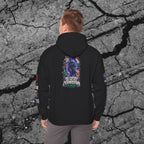 Model wearing The Future Does Not Need Permission cyberpunk hoodie showing the large back graphic