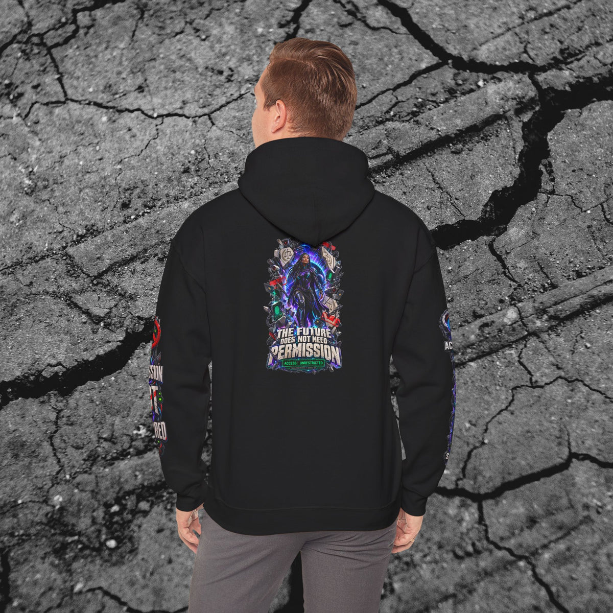 Model wearing The Future Does Not Need Permission cyberpunk hoodie showing the large back graphic