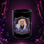 Front view of the black Deseraè Stephens Janaè Purple Reign Glamour Mug featuring the full purple portrait design