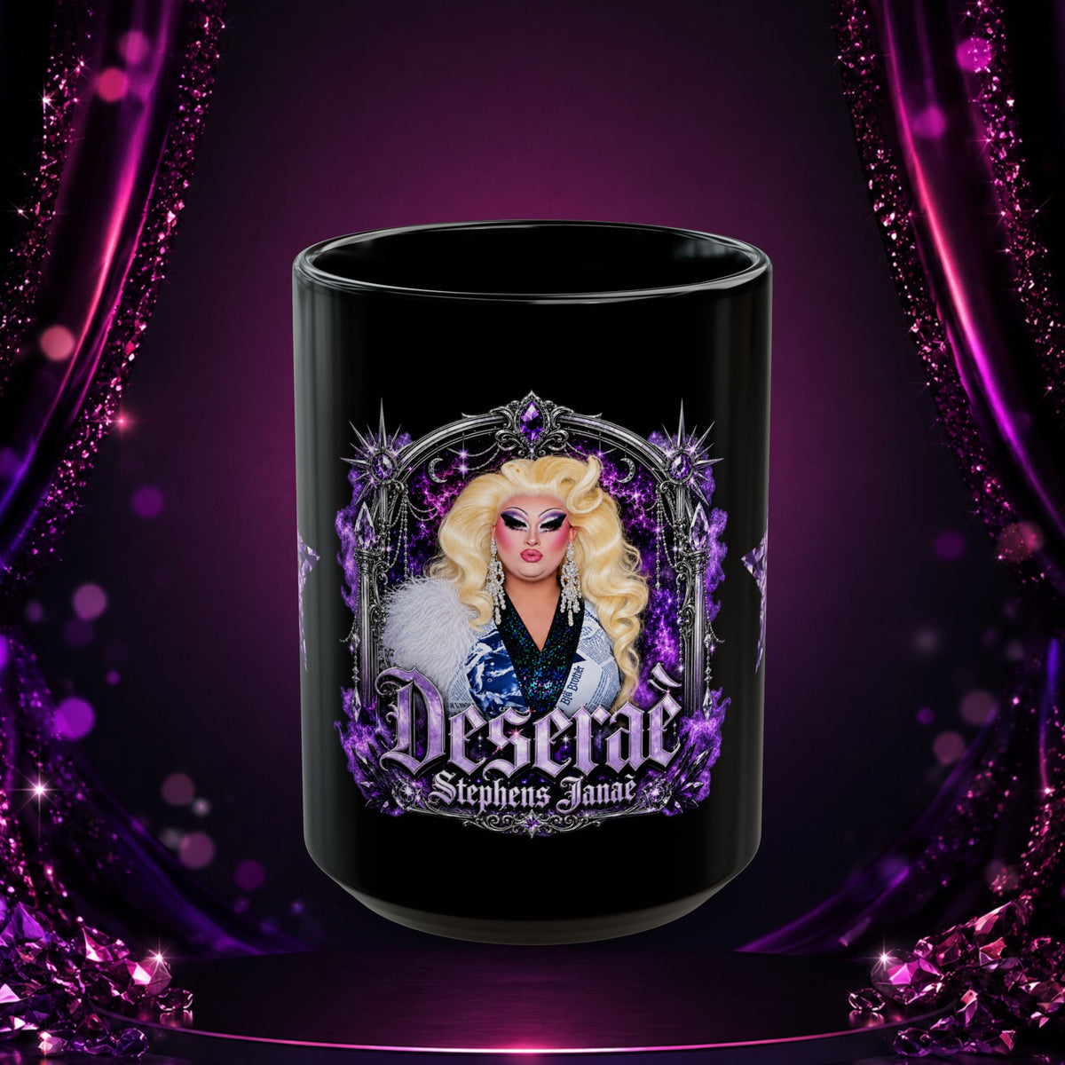 Front view of the black Deseraè Stephens Janaè Purple Reign Glamour Mug featuring the full purple portrait design