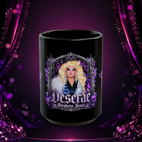 Front view of the black Deseraè Stephens Janaè Purple Reign Glamour Mug featuring the full purple portrait design