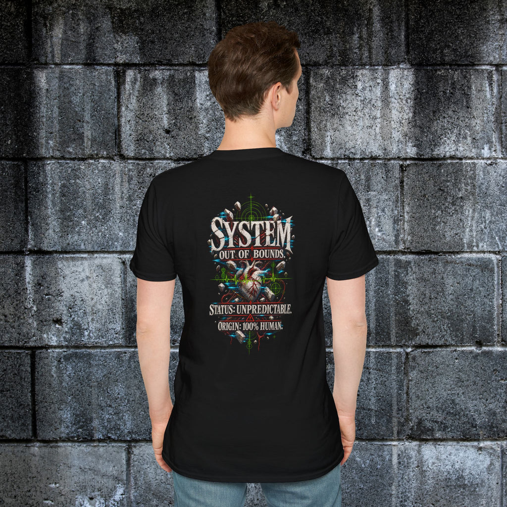 Model showing the System Out of Bounds back print on a black graphic tee