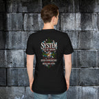 Model showing the System Out of Bounds back print on a black graphic tee