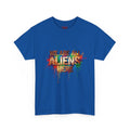 Alien Pride T‑Shirt — "We Are All Aliens Here" Colorful Drip Graphic Tee Royal