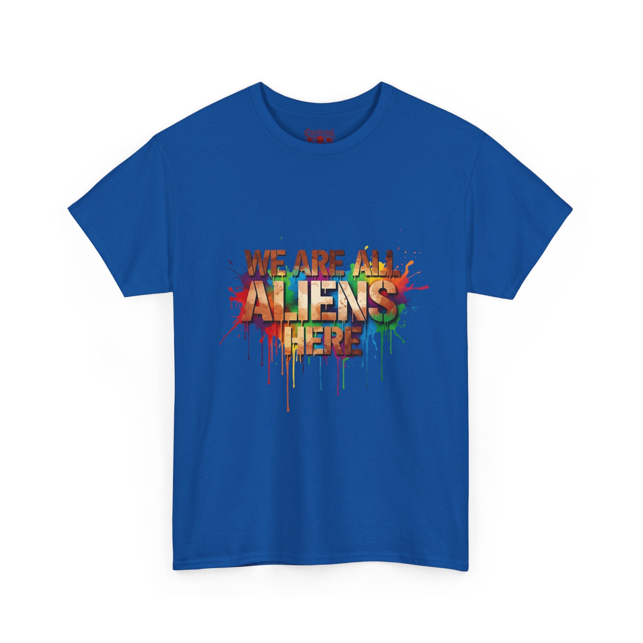 Alien Pride T‑Shirt — "We Are All Aliens Here" Colorful Drip Graphic Tee Royal