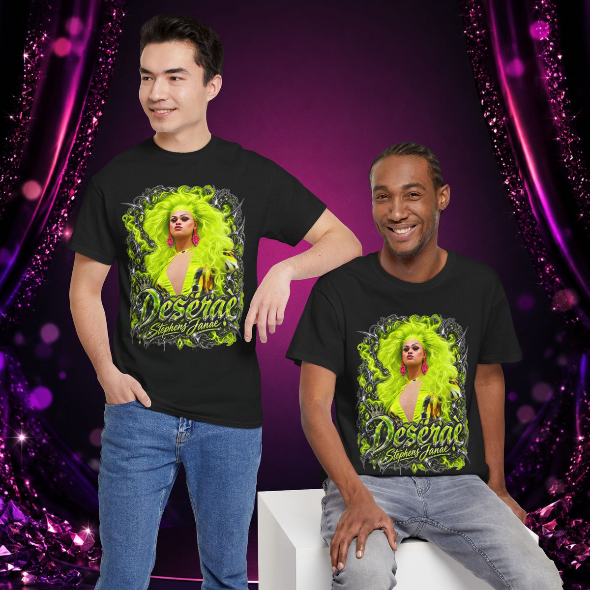 Two models wearing the black Deseraè Stephens Janaè Neon Majesty Portrait Tee against a purple theatrical backdrop