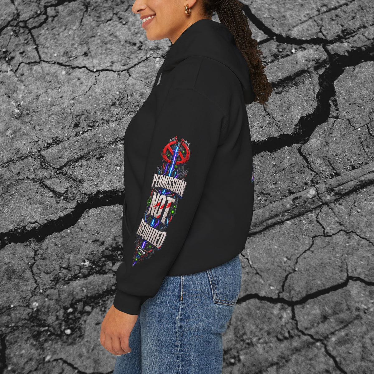 Side view of model wearing the cyberpunk hoodie with the vertical Access Unrestricted right-sleeve print
