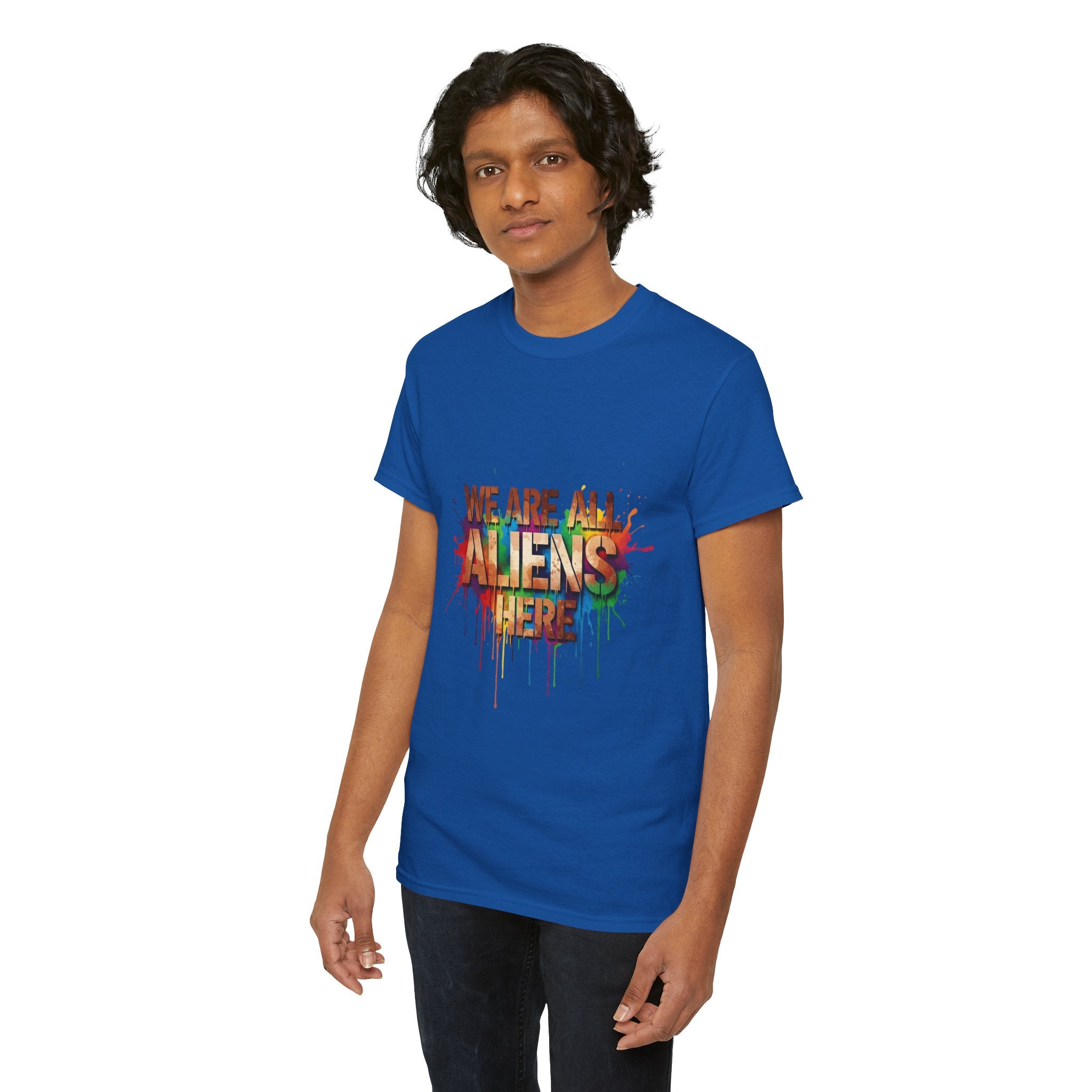 Alien Pride T‑Shirt — "We Are All Aliens Here" Colorful Drip Graphic Tee