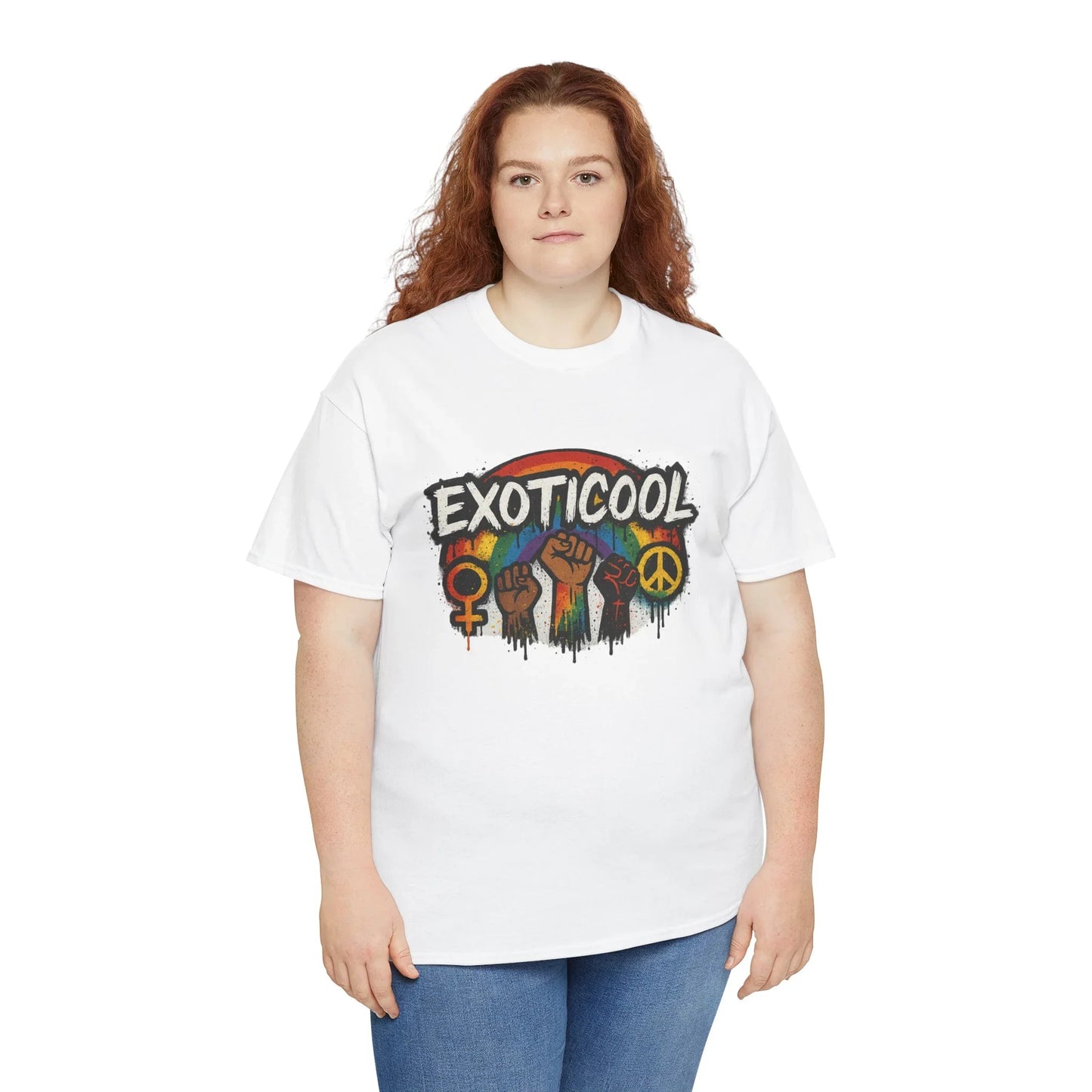 Woman wearing a white EXOTICOOL graphic t-shirt with rainbow and raised fist design