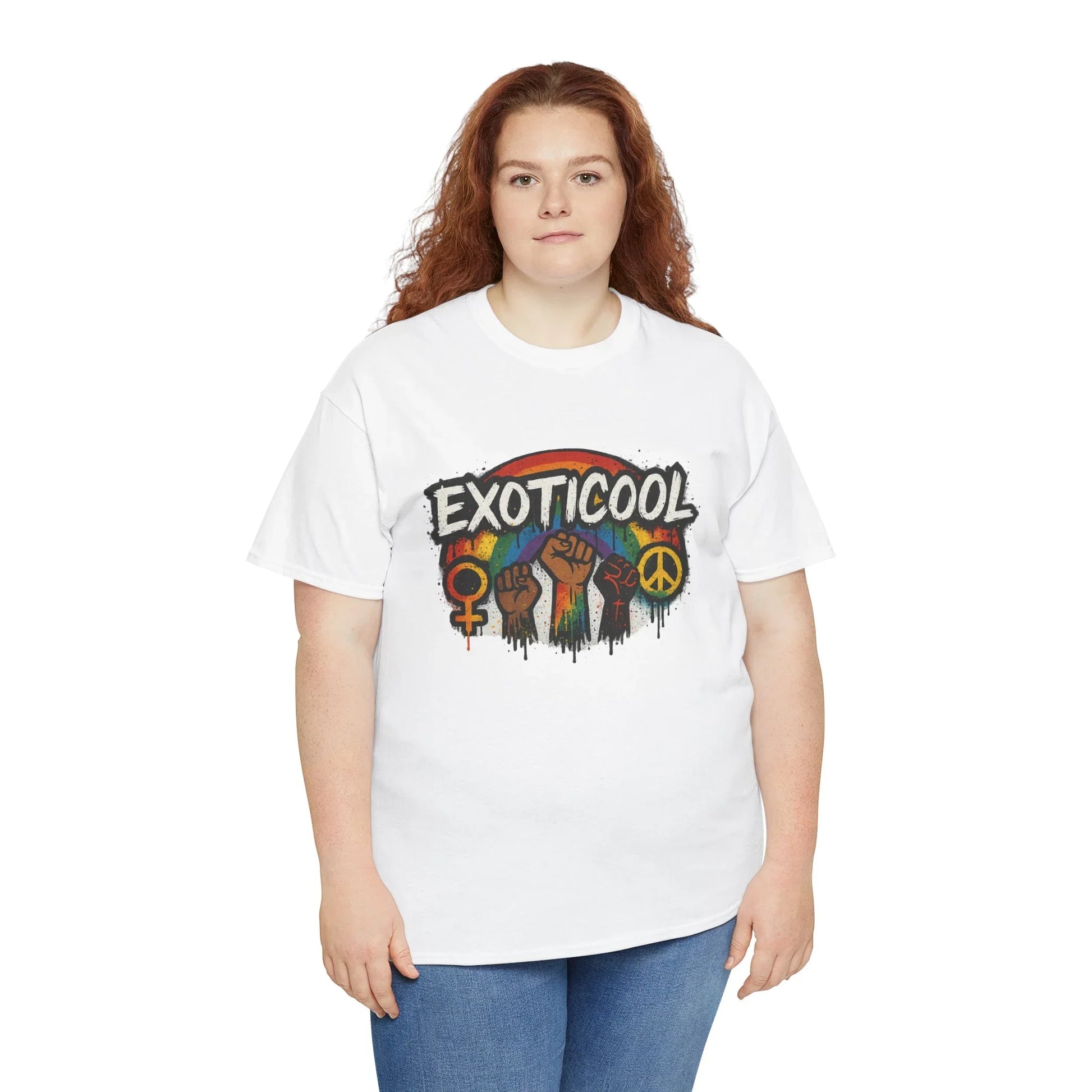 Woman wearing a white EXOTICOOL graphic t-shirt with rainbow and raised fist design
