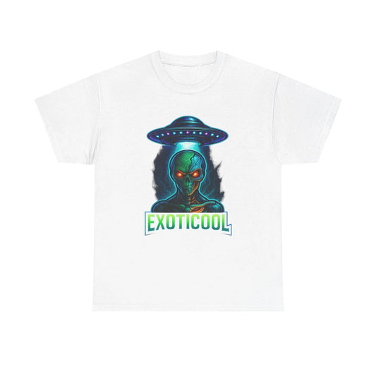 White t-shirt with alien and UFO graphic, glowing red eyes, EXOTICOOL text, streetwear style