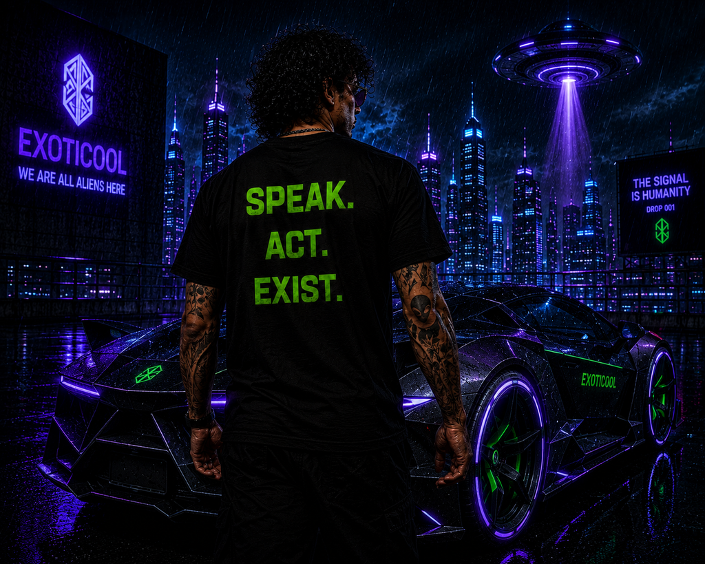 Model wearing the Your Silence Is Complicity activist statement tee beneath a UFO.