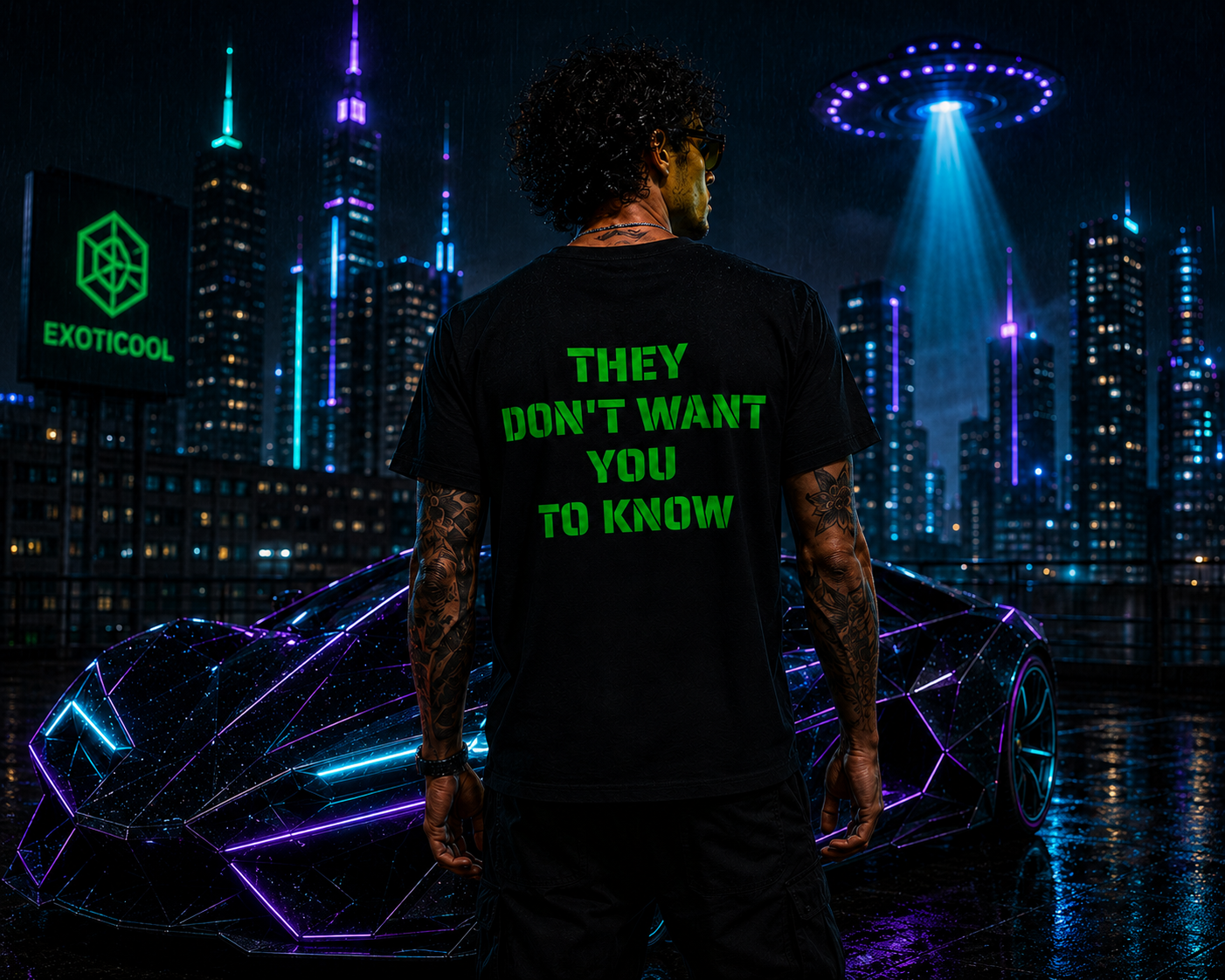 Back view of the black alien signal graphic tee worn beside a futuristic concept car.
