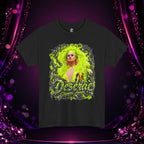 Black Deseraè Stephens Janaè Neon Majesty Portrait Tee with neon green drag artwork on a purple sparkling stage backdrop