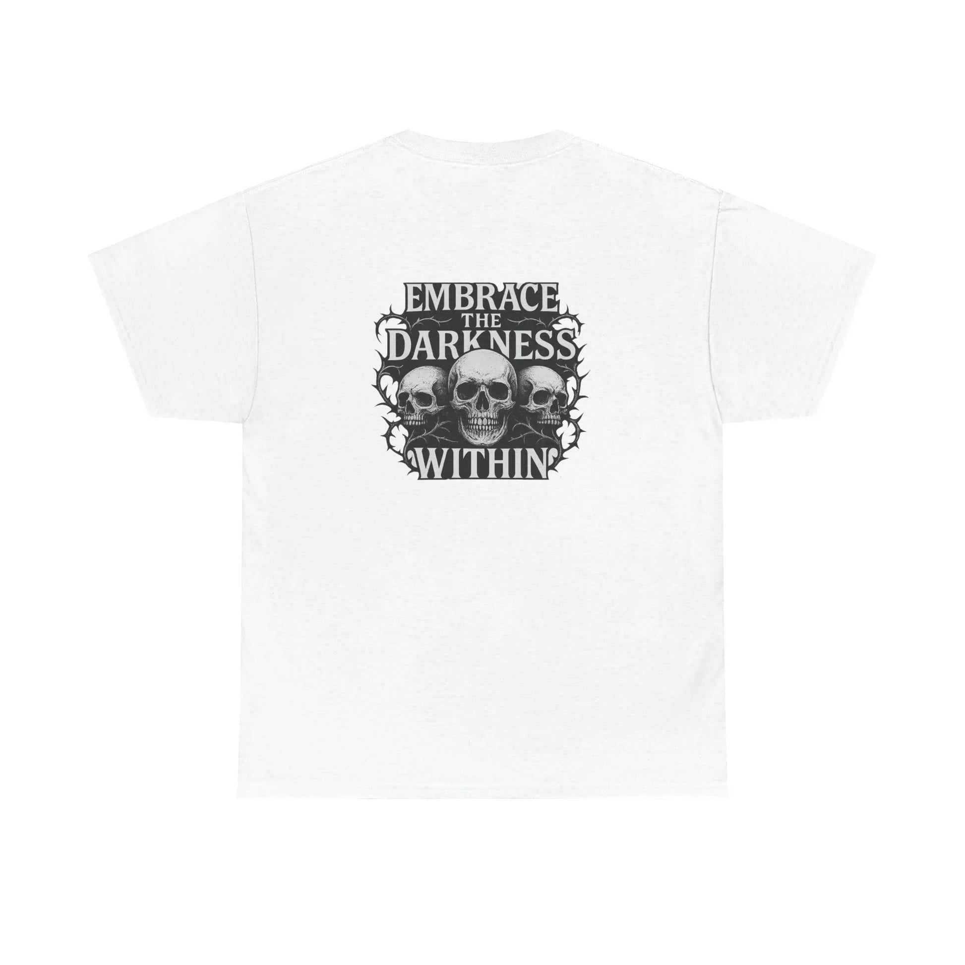 White t-shirt with skull graphic and 'Embrace the Darkness Within' gothic text on back