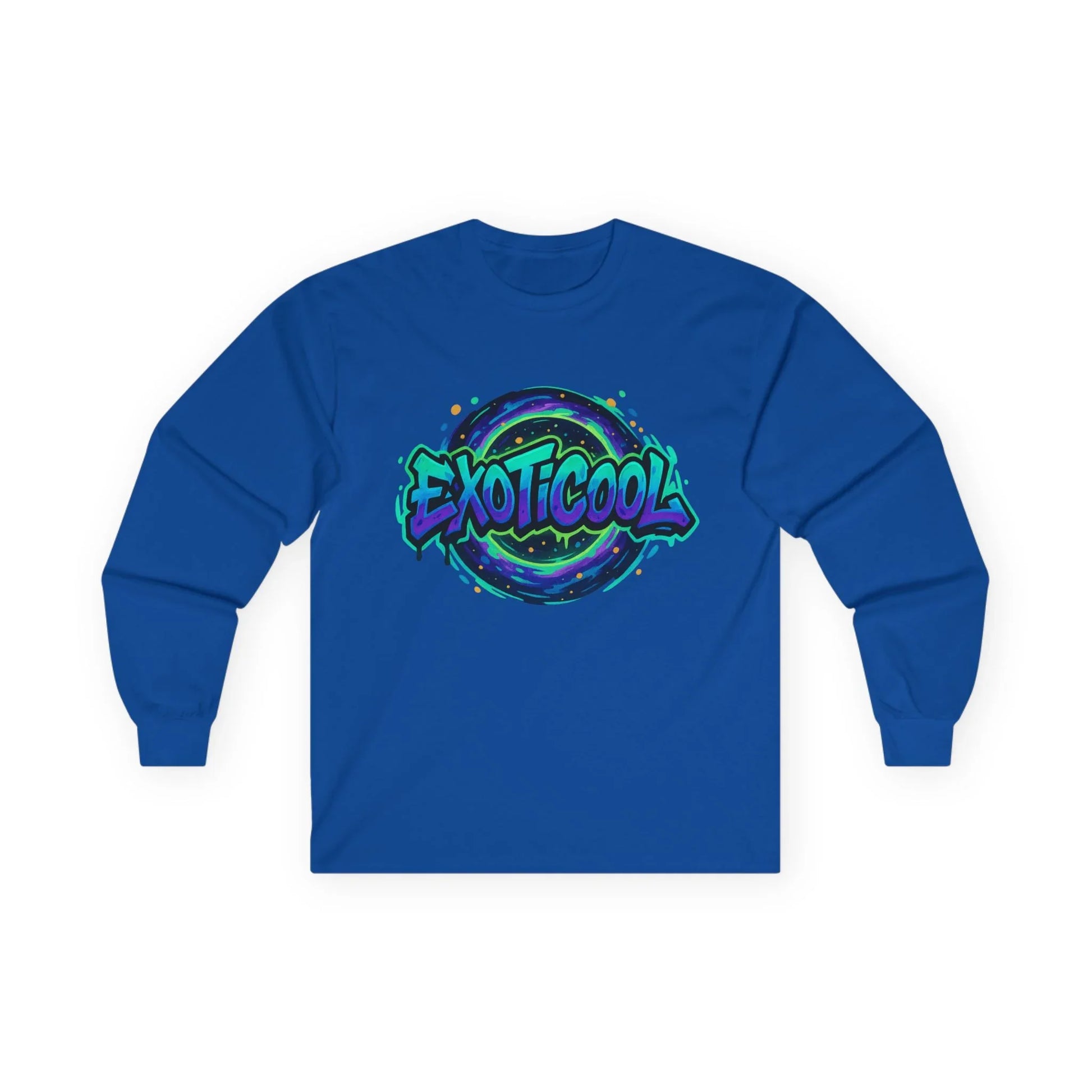 Blue long sleeve shirt with EXOTICOOL graffiti logo and colorful graphic design