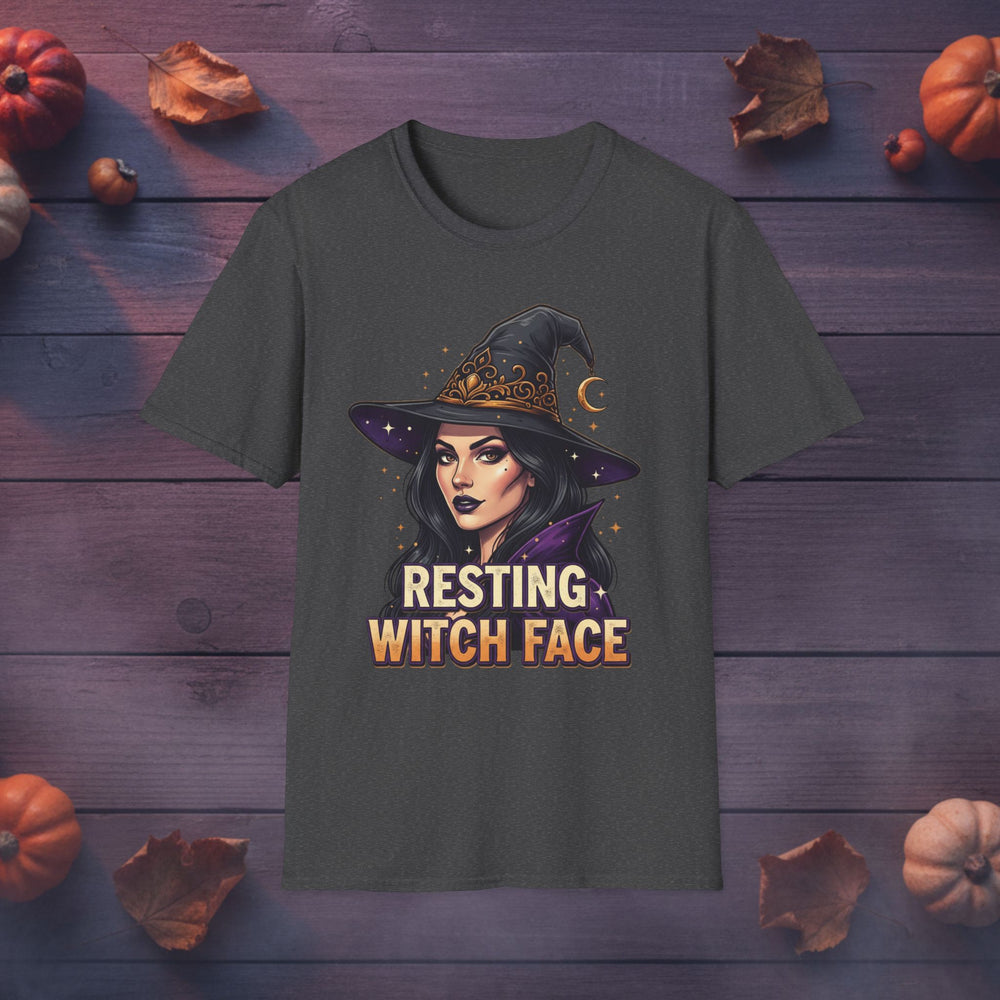 Resting Witch Face witch graphic tee in black, front view on dark wood background