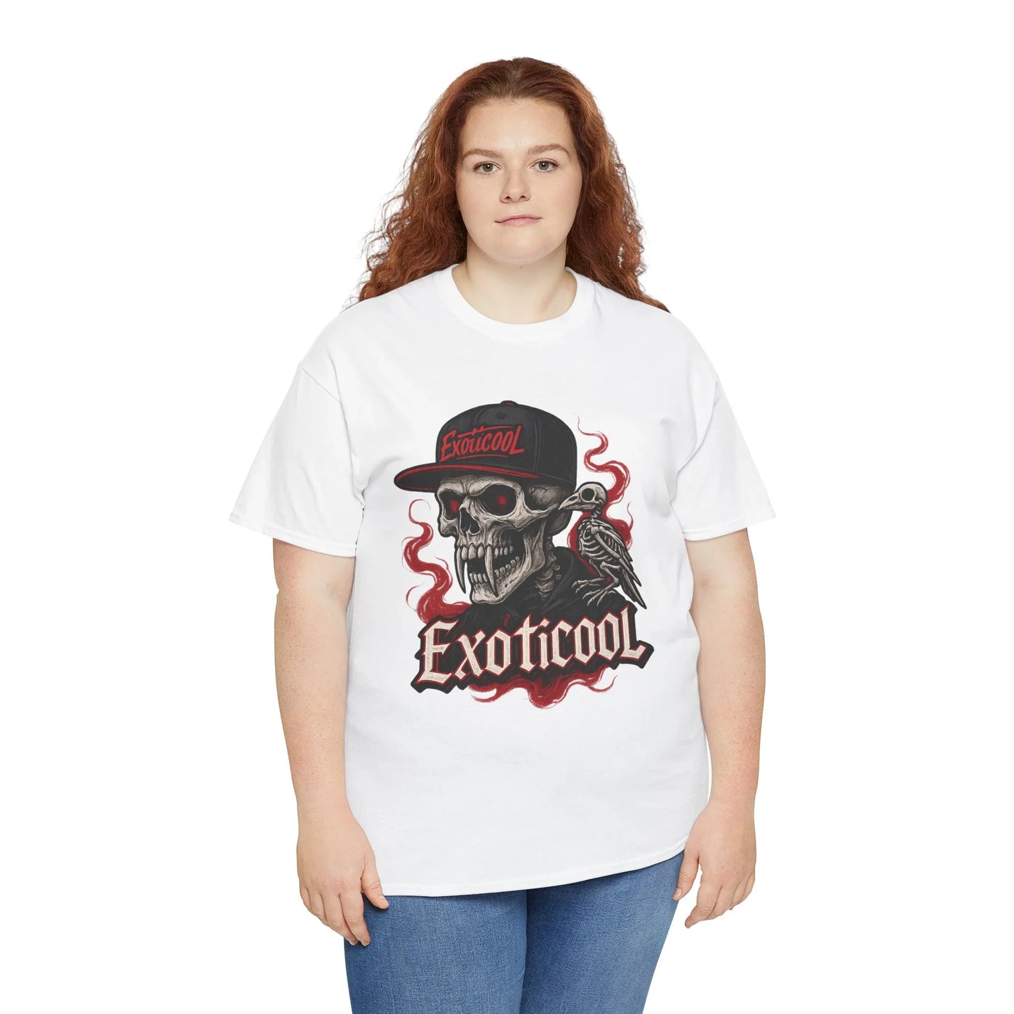 Woman wearing Exoticool graphic skull t-shirt with red accents, white background