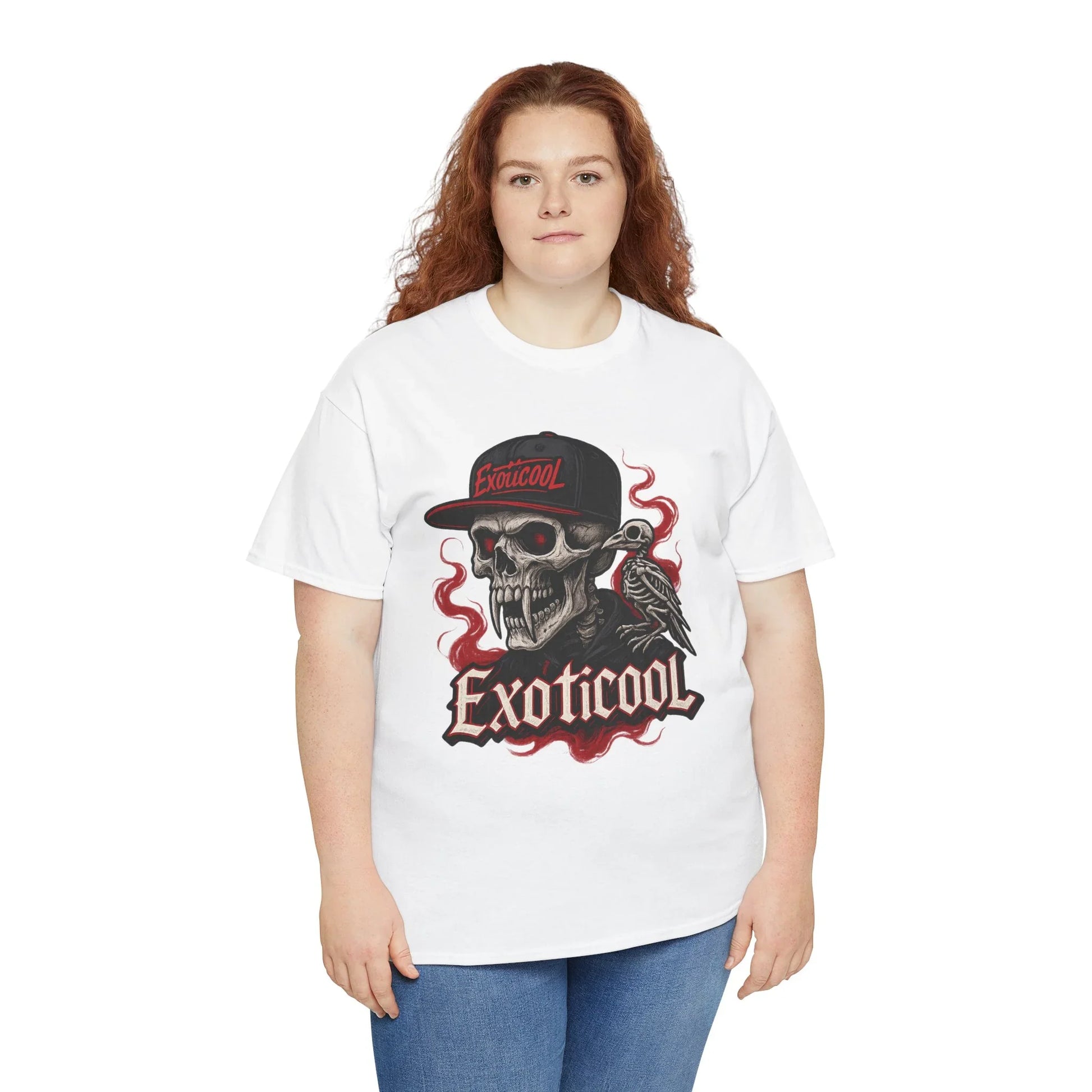 Woman wearing Exoticool graphic skull t-shirt with red accents, white background