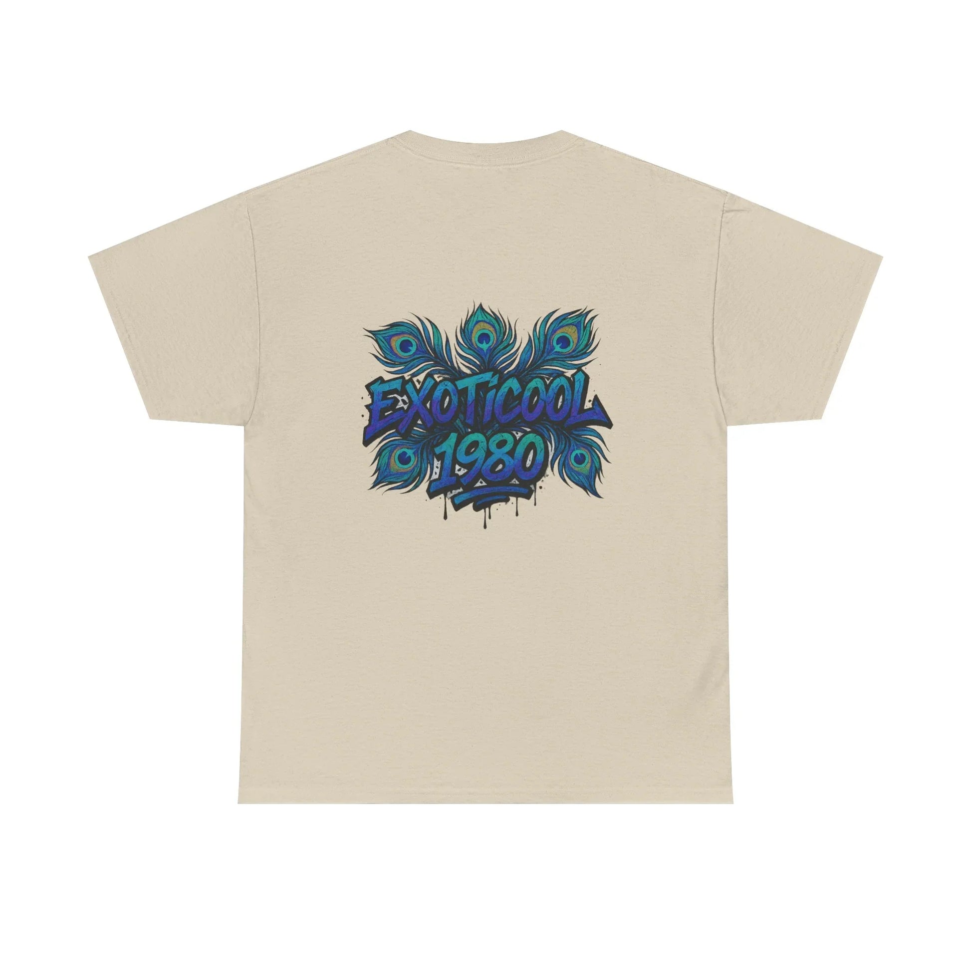 Beige t-shirt with EXOTICOOL 1980 graffiti and blue peacock feather design on back