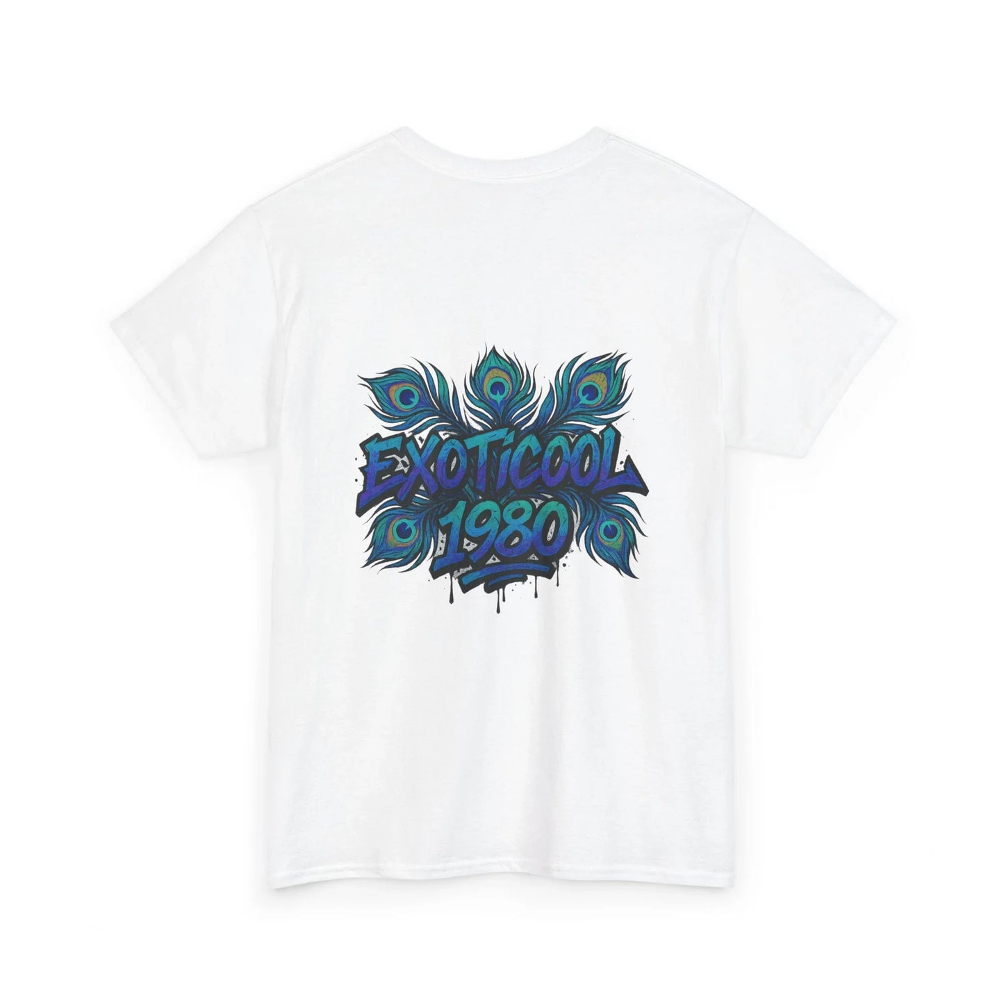 White t-shirt with peacock feather graphic and 'EXOTICOOL 1980' graffiti text on back