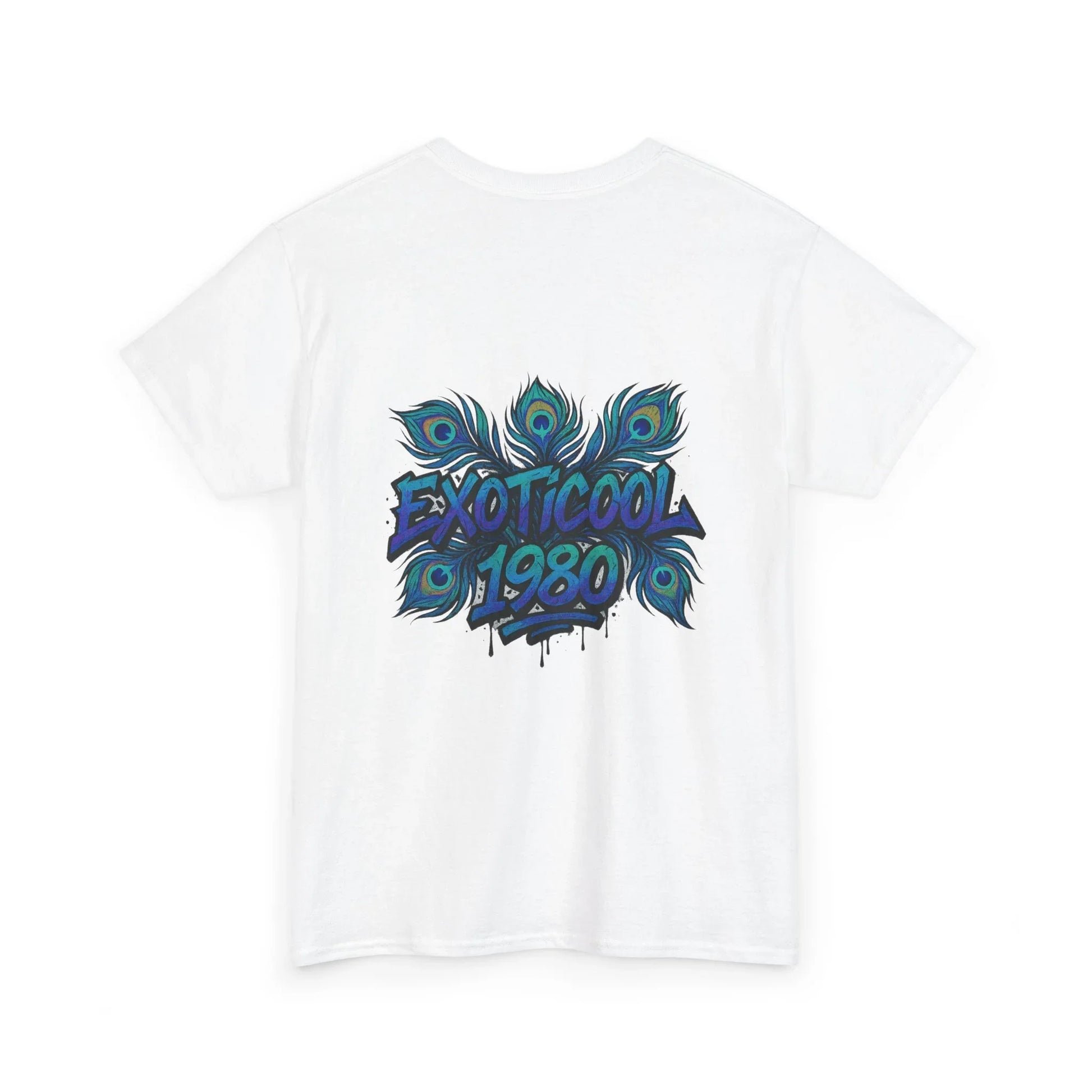 White t-shirt with peacock feather graphic and 'EXOTICOOL 1980' graffiti text on back