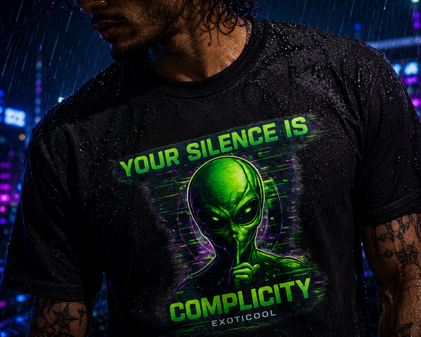 Close-up macro photo of the Exoticool Your Silence Is Complicity black alien graphic T-shirt highlighting vibrant DTG printing, premium cotton texture, collar construction, and detailed stitching.