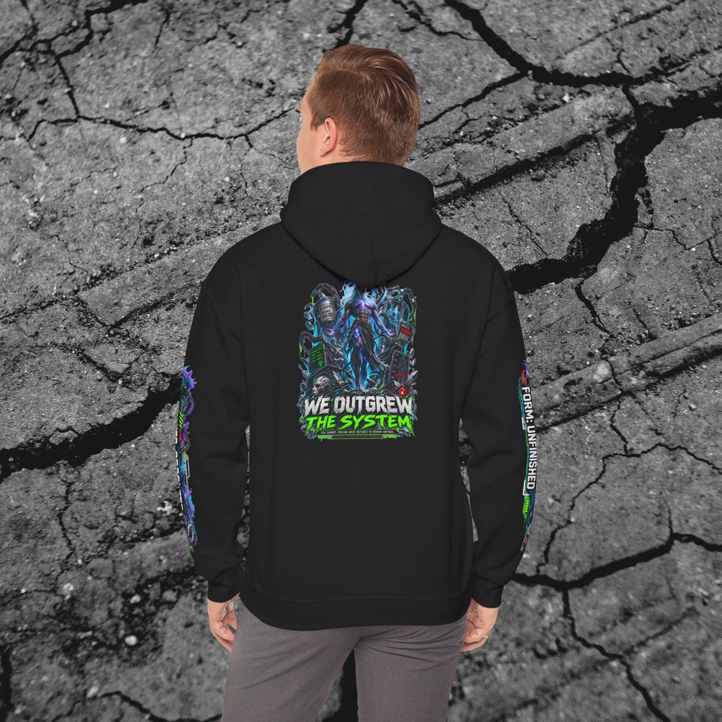 Adult model wearing the We Outgrew the System hoodie showing the large evolutionary cyberpunk back graphic

