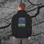 Adult model wearing the We Outgrew the System hoodie showing the large evolutionary cyberpunk back graphic

