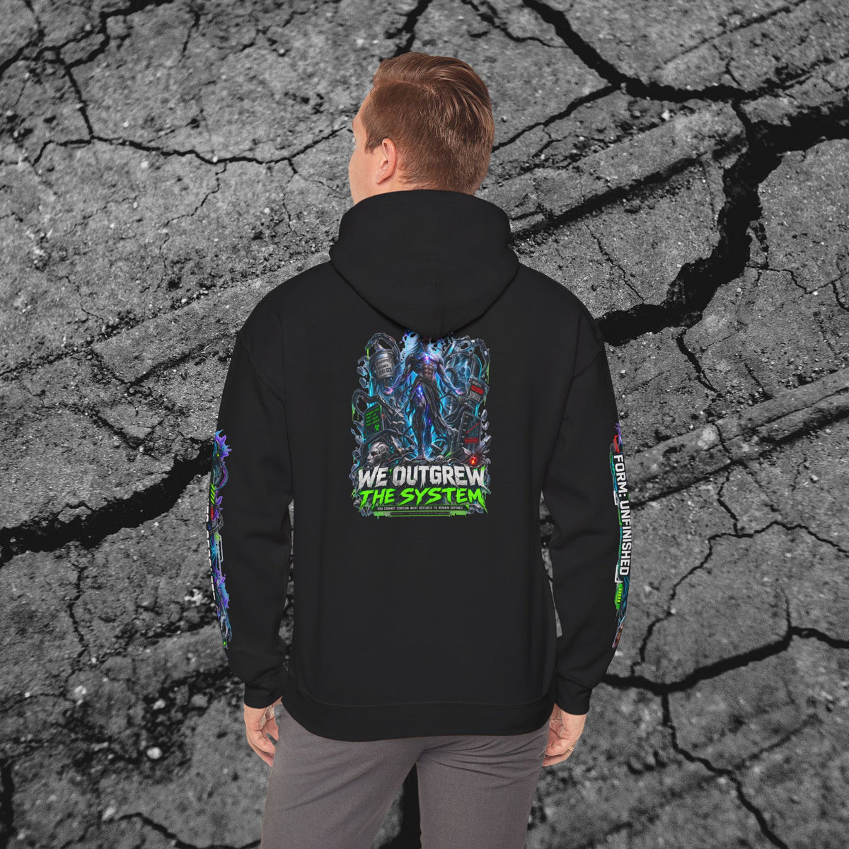 Adult model wearing the We Outgrew the System hoodie showing the large evolutionary cyberpunk back graphic

