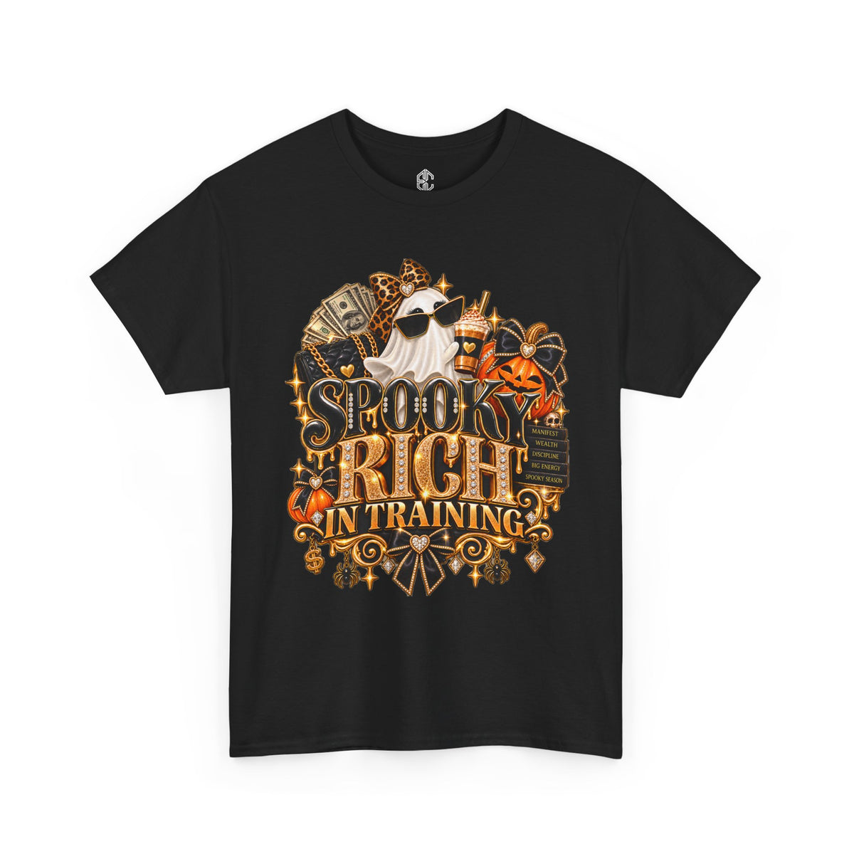 Black Spooky Rich in Training graphic T-shirt featuring vintage Halloween skeleton and pumpkin artwork