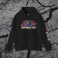 The Future Does Not Need Permission cyberpunk graphic hoodie displayed flat on a dark concrete background with coordinated sleeve artwork