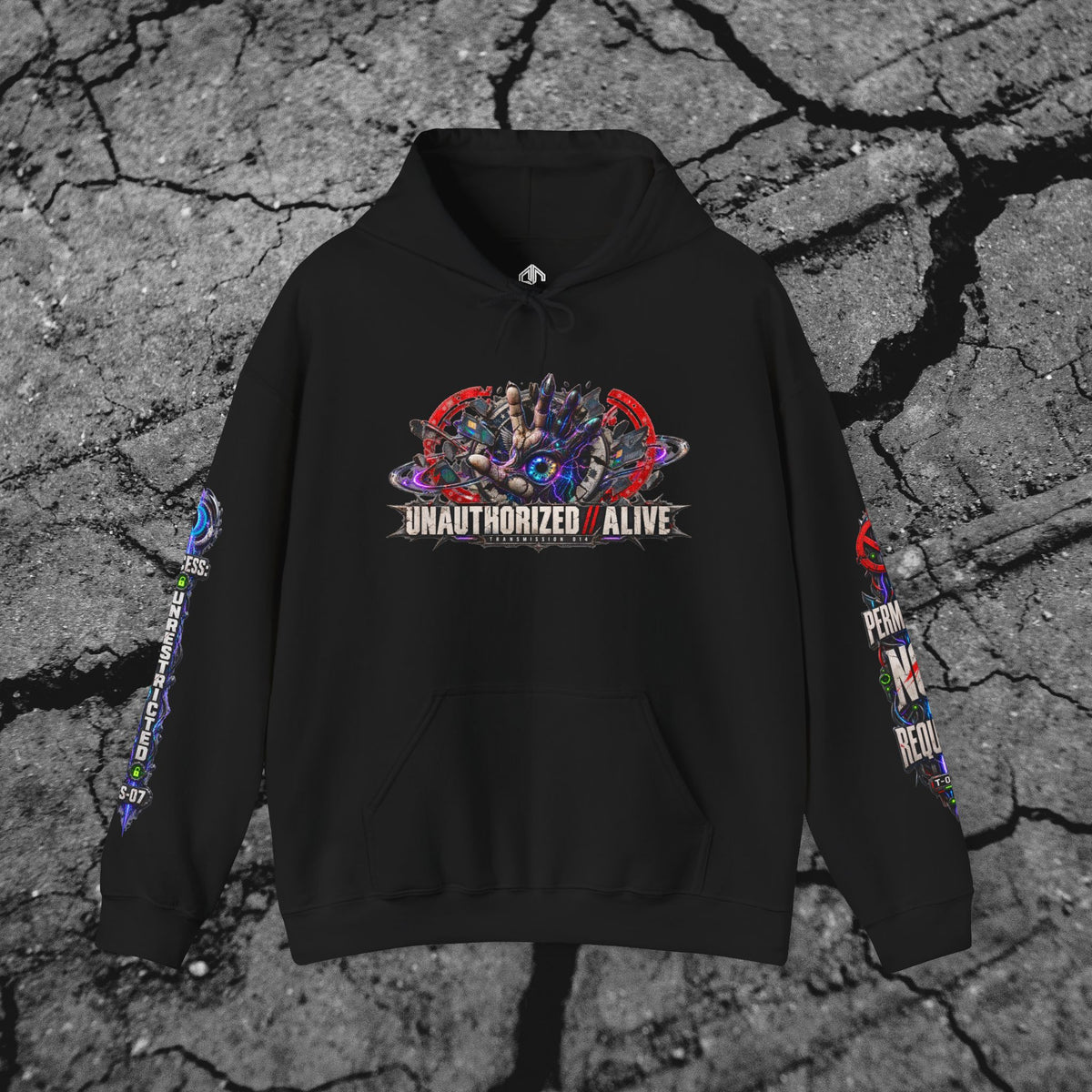 The Future Does Not Need Permission cyberpunk graphic hoodie displayed flat on a dark concrete background with coordinated sleeve artwork
